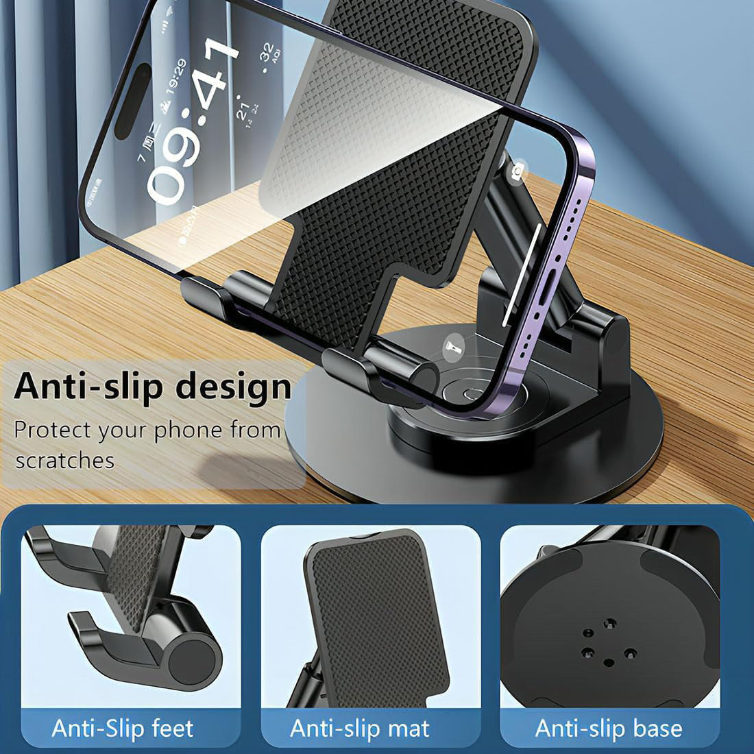 360°Rotation Height Adjustable Phone Holder for Desk,Bed, Pocket Friendly Foldable Portable Metal Base Stand