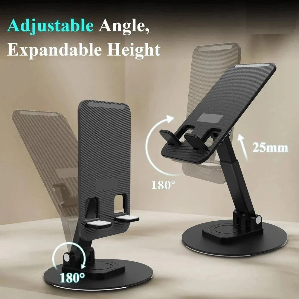 360°Rotation Height Adjustable Phone Holder for Desk,Bed, Pocket Friendly Foldable Portable Metal Base Stand
